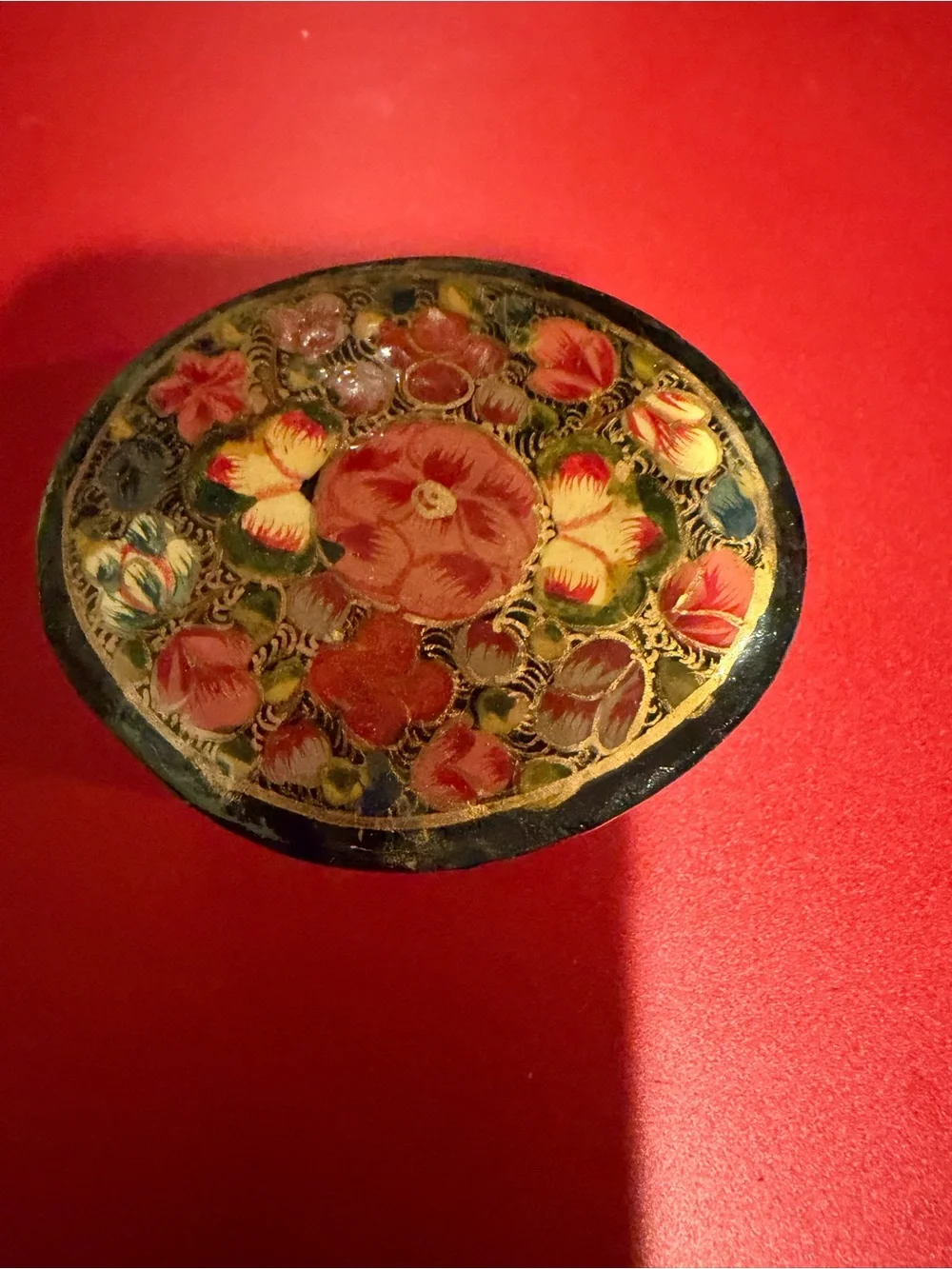 Hand-Painted Floral Round Trinket Box - Red and Gold Floral Design from India.